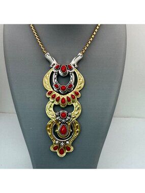 Coral Southwest Statment Necklace American West Luna Gemstone Sterling Brass 18"